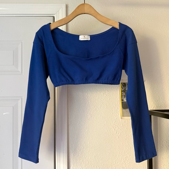 GIL RODRIGUEZ royal cobalt blue cotton square neck cropped long sleeve top tee - Picture 1 of 7